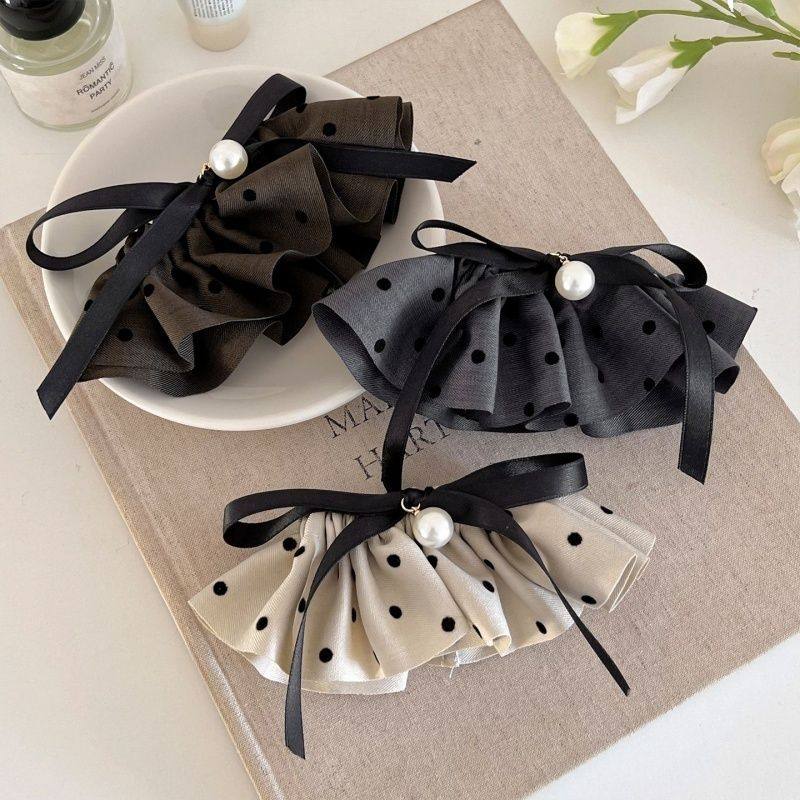 法式新款蝴蝶结珍珠一字夹小香风盘发弹簧夹发卡时尚裙摆设计发夹