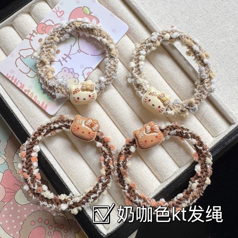 日系可爱咖色格kt猫彩发圈新款ins少女头绳百搭刘海卡通头饰头绳