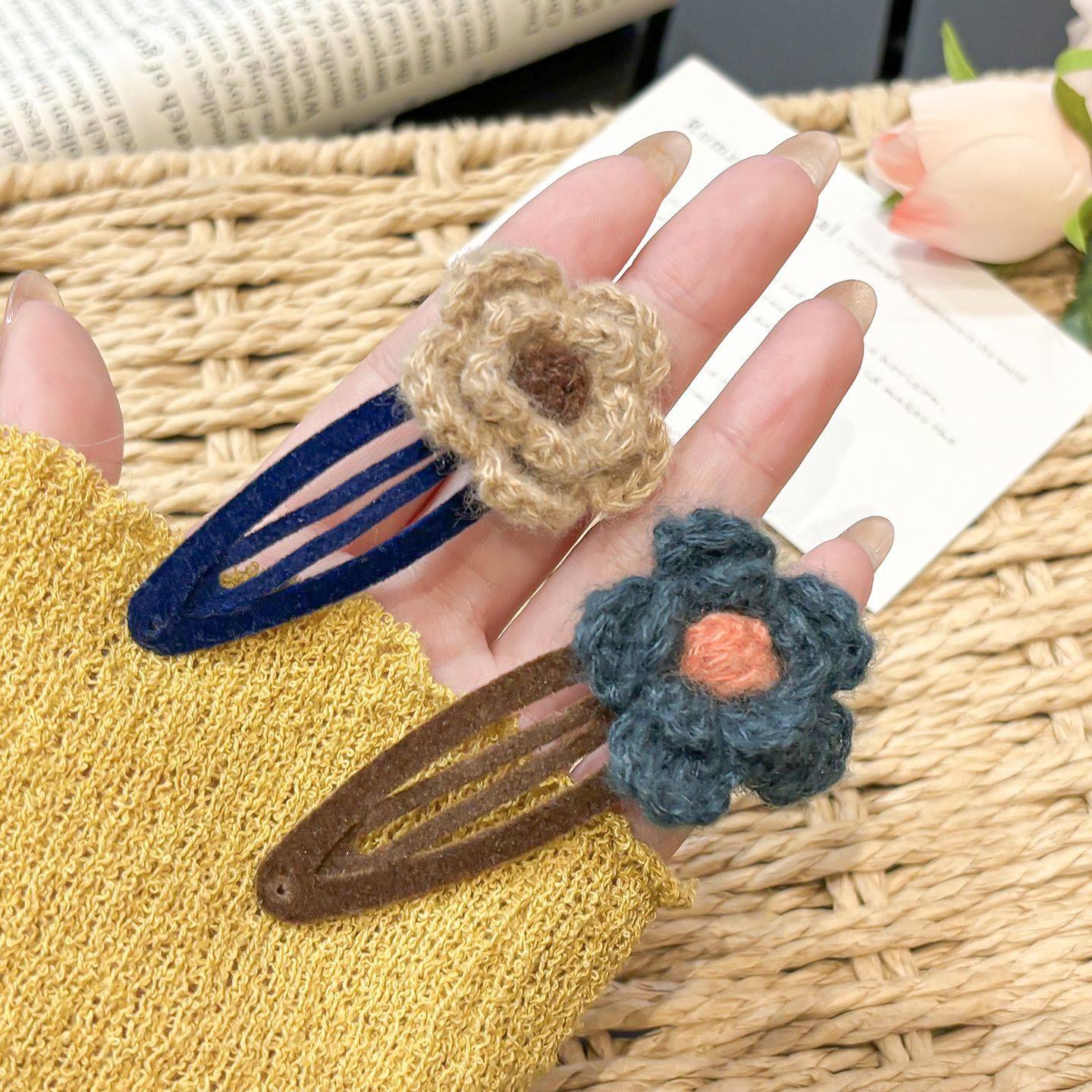 时尚毛线针织花朵发夹复古碎发侧边夹ins小众设计少女刘海BB夹子