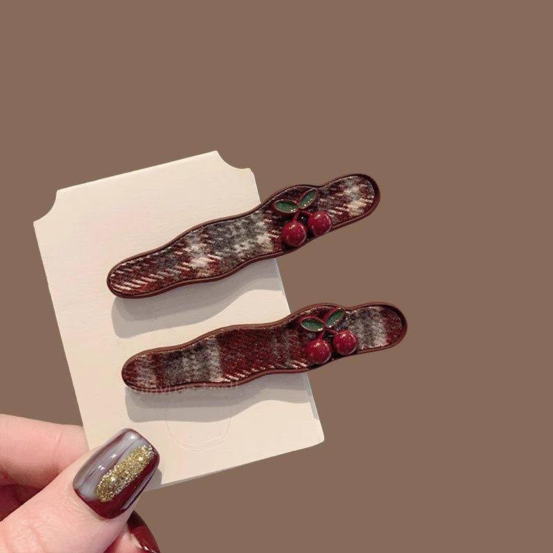 小众格纹樱桃发夹红色甜美百搭一字夹洋气少女碎发夹侧边夹发卡