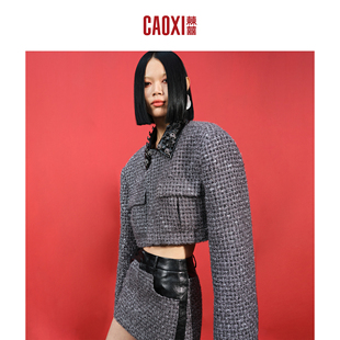 小香风粗花呢外套铆钉酷飒编织翻领短上衣女设计感2025新款 CAOXI