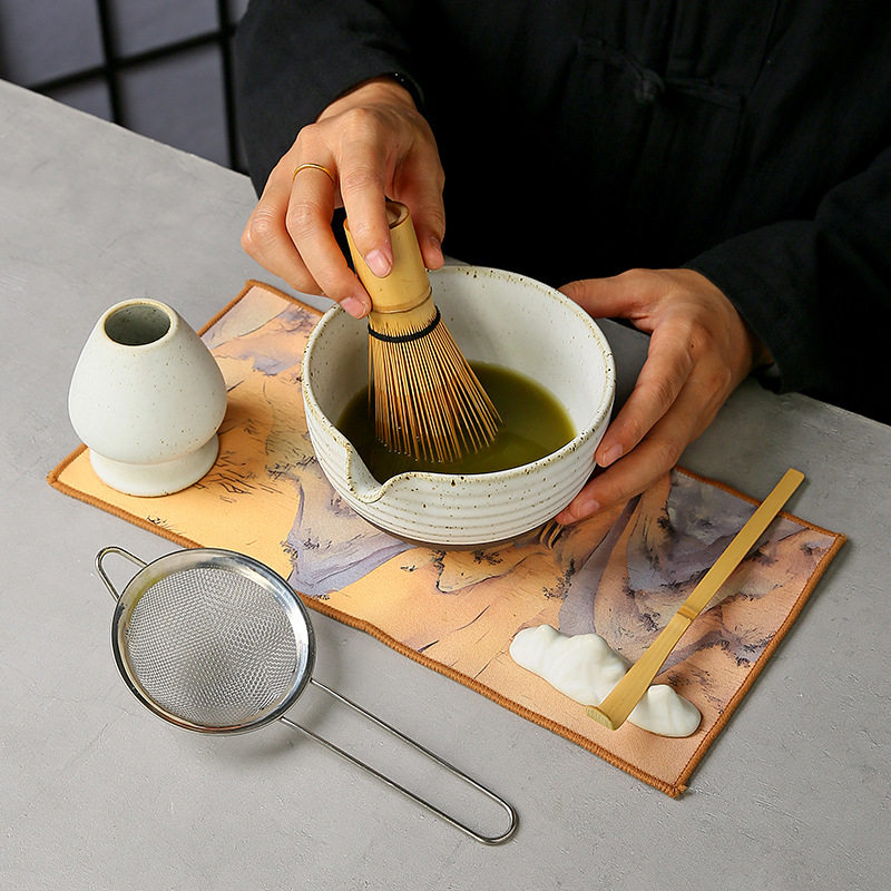 跨境陶瓷抹茶碗百本立紫竹长柄勺子茶筅立粗陶套装批发柴烧工艺