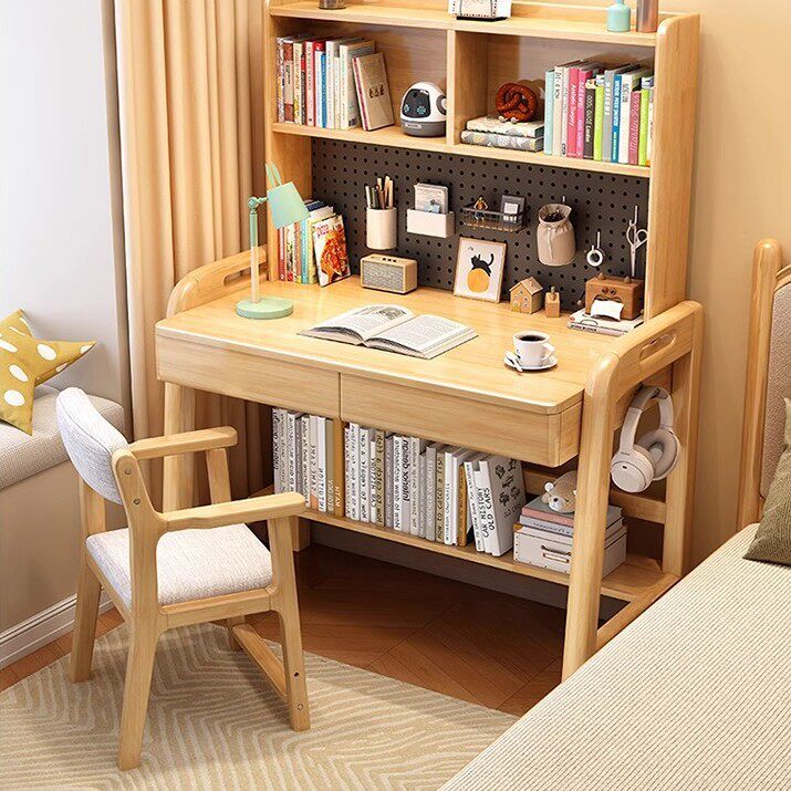 实木可升降电脑桌带洞洞板卧室书桌家用儿童学习桌小户型写字桌椅