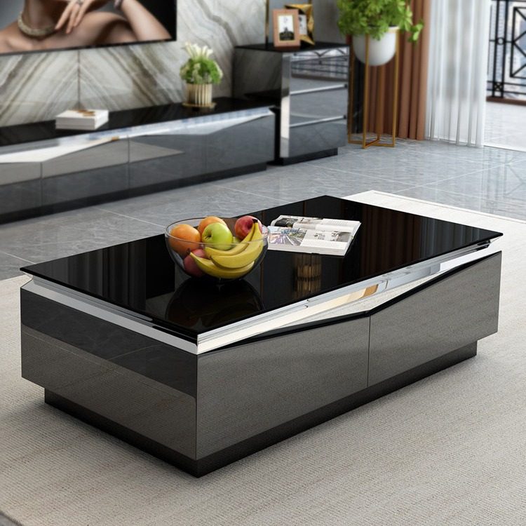 高端现代简约轻奢风1.5米黑色镜面钢化玻璃储物茶几电视柜组合