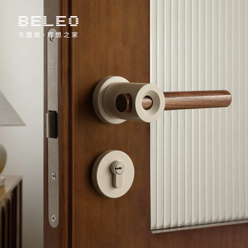 胡桃木卧室门锁室内中式磁吸静音房门锁家用通用型分体木门门把手
