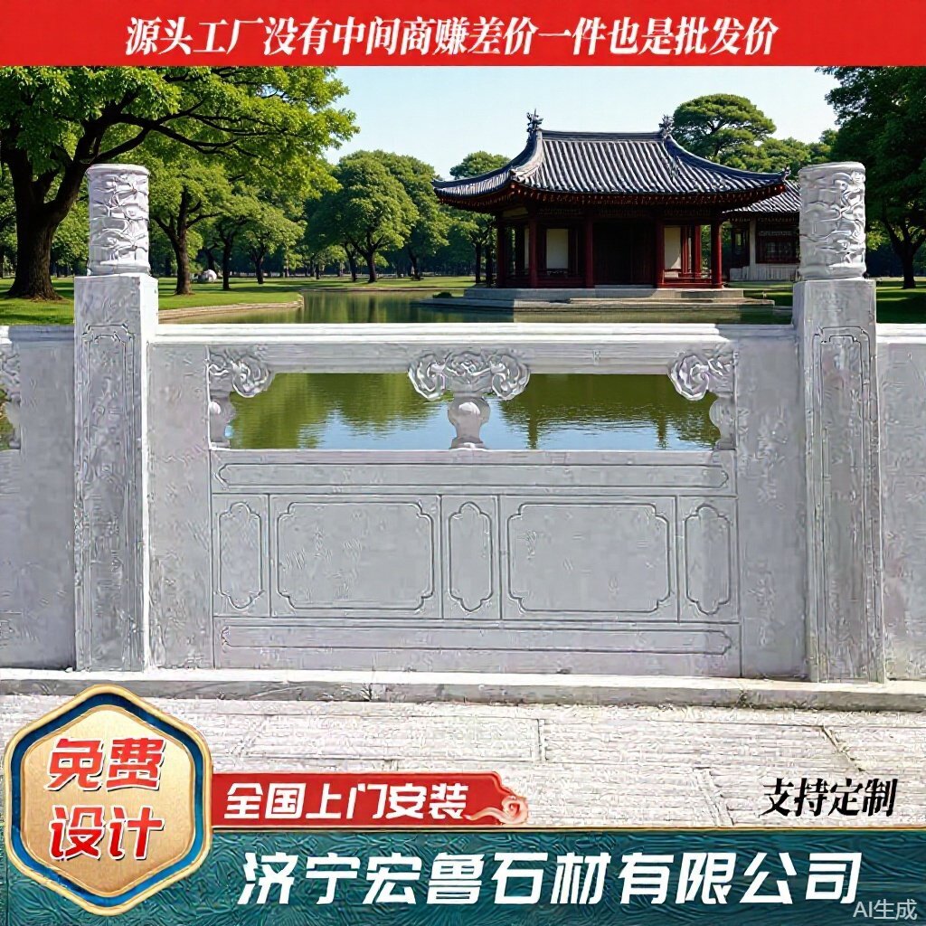 花岗岩石栏杆现货大桥石雕护栏板景区园林河道青石花岗岩石栏杆图片