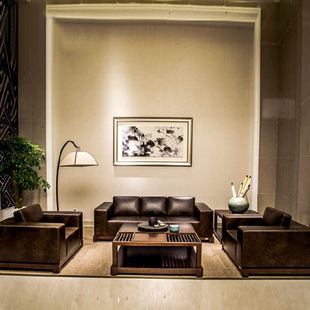 接待室沙发中式商务会客接待洽谈简约现公皮三人沙发茶几组合