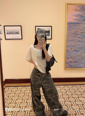 SUNONEONE 迷彩印花宽松牛仔裤女夏新款美式复古设计感休闲裤