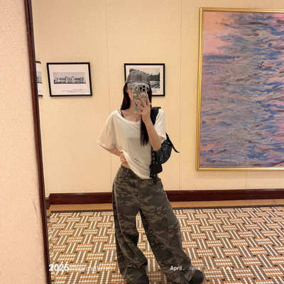 SUNONEONE 迷彩印花宽松牛仔裤女夏新款美式复古设计感休闲裤