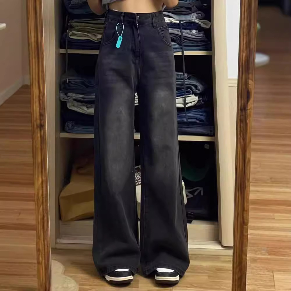 美式复古黑色阔腿牛仔裤子女新款爆款春季高腰垂感拖地裤子