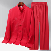 男士 红色套装 唐装 中式 中国风夏装 中老年人薄款 男长袖 演出服爸爸装