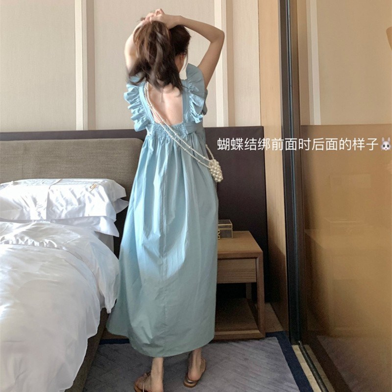 现货速发甜美减龄露背绑带蝴蝶结飞飞袖连衣裙夏季新款遮肉a字长