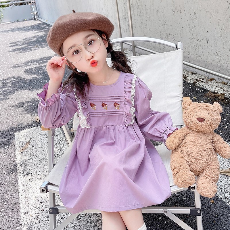 速发小孩尚时裙子202新款宝边复古花朵刺绣裙子木耳宝连衣裙