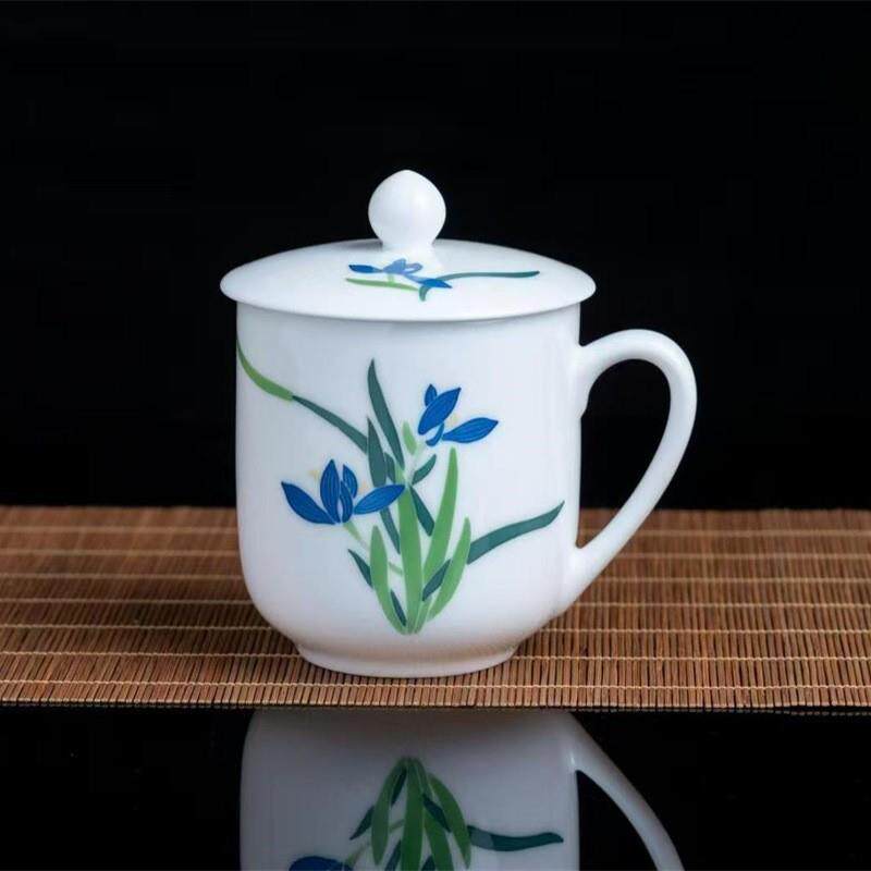 醴陵釉下五彩兰草杯大人会堂会议杯办公带盖酒店商务礼品茶水杯子