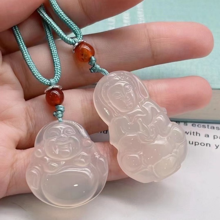 冰种玛瑙白玉髓观音笑佛如意福袋树叶四季豆玉器吊坠挂件直播礼品