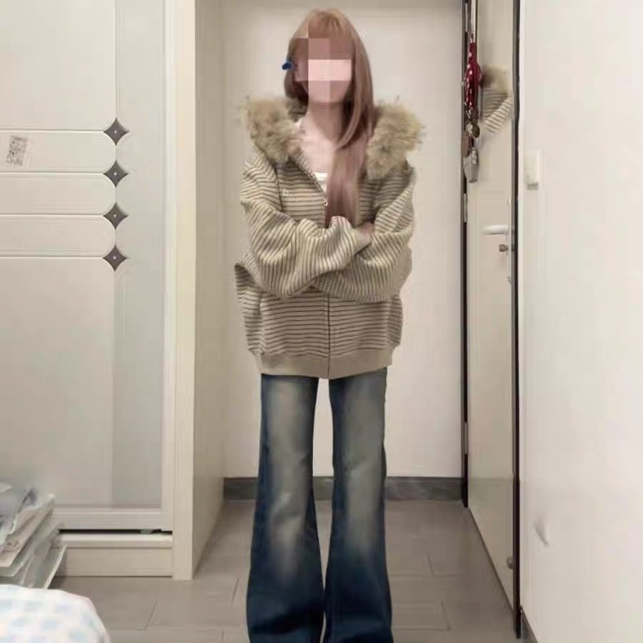 美式复古条纹连帽卫衣外套女秋冬季宽松毛领针织外穿上衣拉链开衫