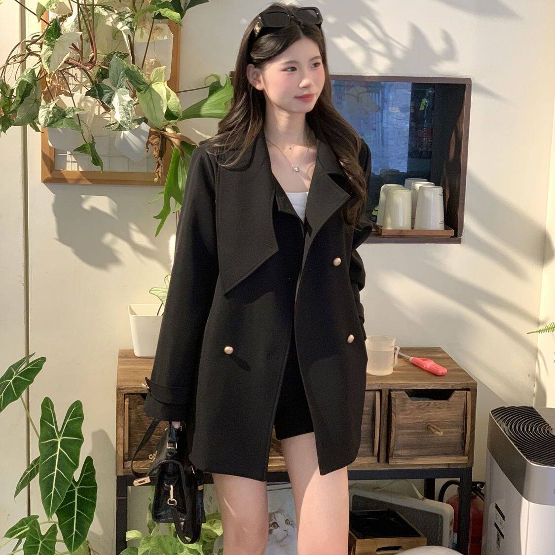 韩版时尚显瘦大衣成人女秋冬黑色风衣加厚2025新款高级感外套女装