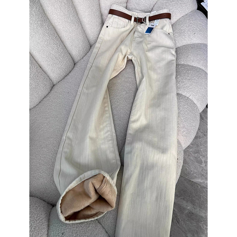 加绒加厚杏白色直筒牛仔裤女冬季大码胖mm高腰显瘦宽松遮胯阔腿裤