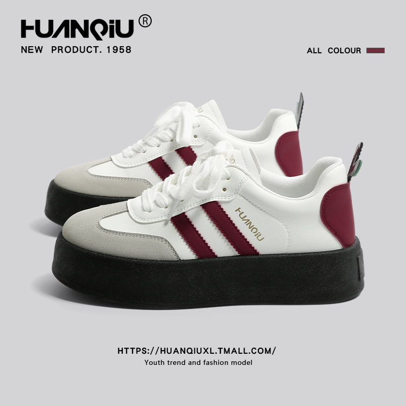 环球厚底酒红德训鞋女2025秋季新款鞋子女爆款苹果鞋运动休闲板鞋