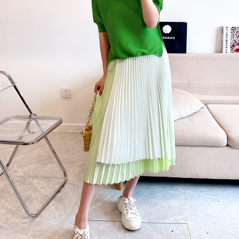三宅百搭aa字显瘦半身裙女春夏时尚高级撞色不规则褶皱伞裙百褶裙