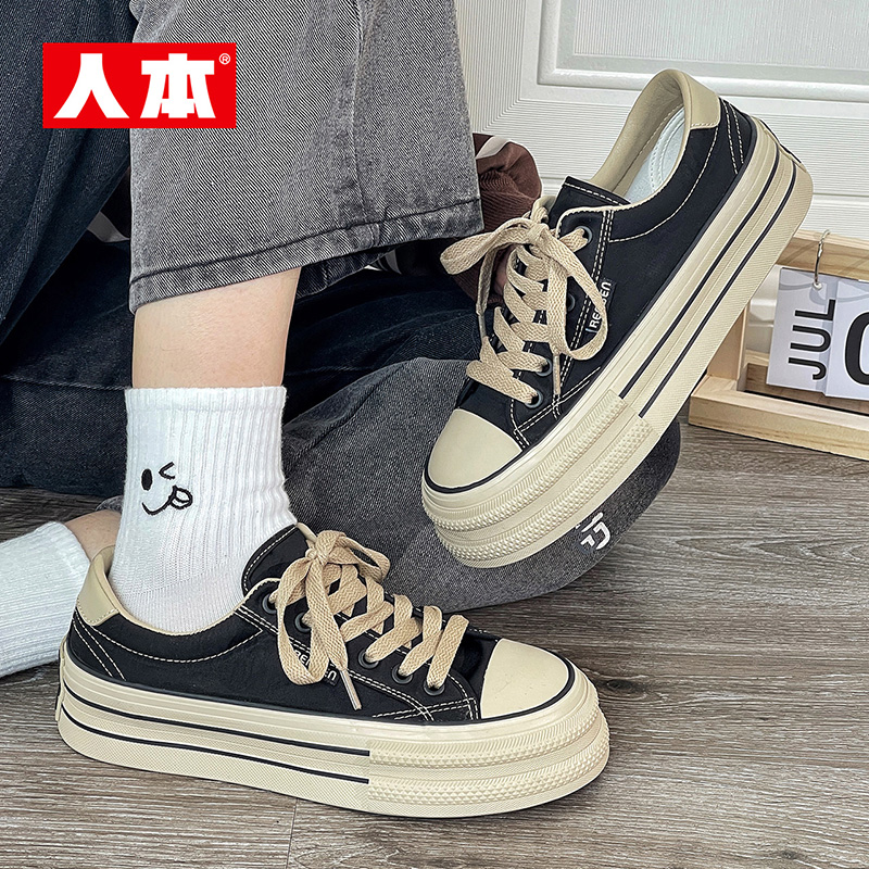 人本官方店帆布鞋女百搭休闲女鞋小白鞋2025春季新款运动女鞋潮鞋