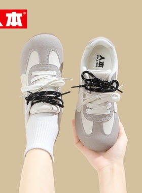 人本官方店复古德训鞋女鞋双鞋带灰色阿甘鞋平底通勤搭休闲运动鞋