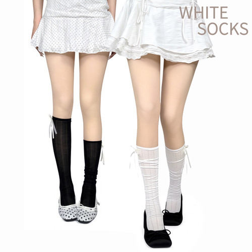 WHYITE SOCKS日系少女蕾丝蝴蝶结堆堆袜透气亲肤小腿袜配小皮鞋女