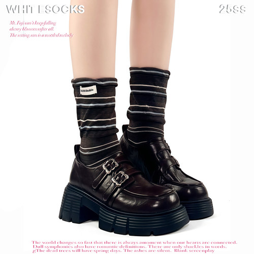 WHITE SOCKS日系复古条纹堆堆袜子女春秋韩版宽松袜口显瘦中筒袜