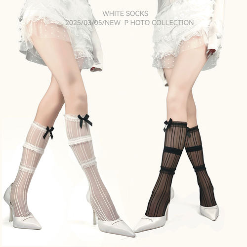 WHITE SOCKS 蕾丝花边lolita袜子中筒春夏蝴蝶结白色芭蕾风小腿袜
