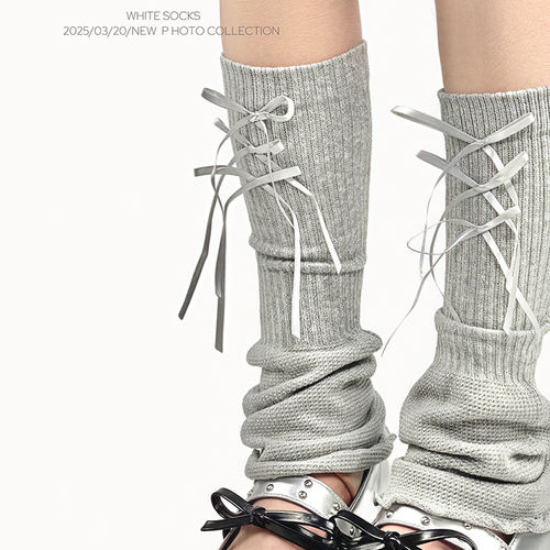 WHITE SOCKS灰色蝴蝶结绑带针织堆堆袜套女芭蕾风微喇亚文化腿套