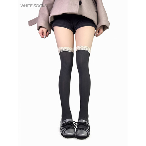 white socks灰色韩系蕾丝花边小腿过膝袜复古Lolita花边大腿袜