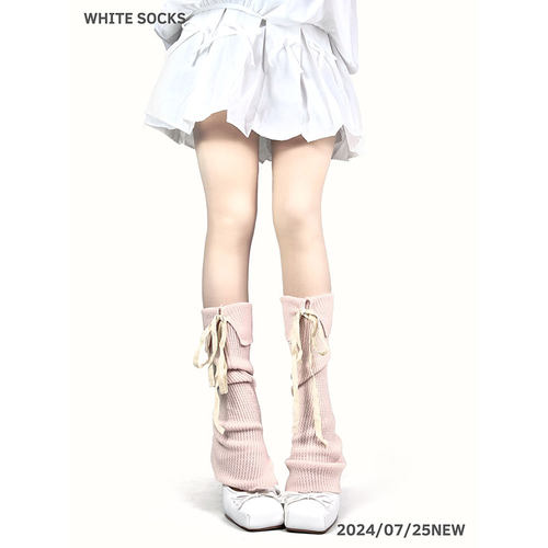 white socks薄款小腿袜套日系粉色中筒绑带蝴蝶结针织芭蕾堆堆袜