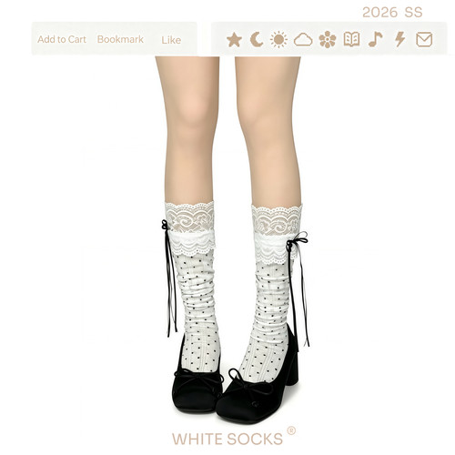 WHITE SOCKS法式原创蕾丝花边中筒袜女蝴蝶结波点显瘦小腿袜薄款