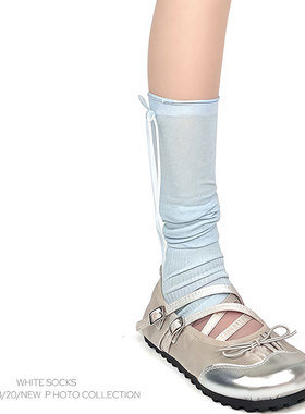 WHITE SOCKS蓝色蝴蝶结小腿袜女夏季百搭长袜甜美芭蕾风jk堆堆袜