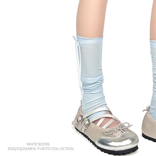 WHITE SOCKS蓝色蝴蝶结小腿袜女夏季百搭长袜甜美芭蕾风jk堆堆袜