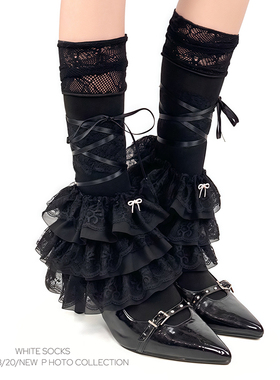WHITE SOCKS黑色蕾丝拼接花边腿套女春夏薄款y2k堆堆袜亚文化袜套