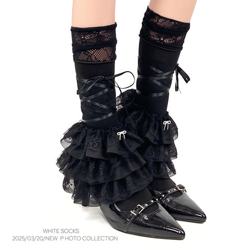 WHITE SOCKS黑色蕾丝拼接花边腿套女春夏薄款y2k堆堆袜亚文化袜套