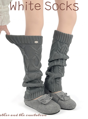 WHITE SOCKS灰色针织堆堆袜女长筒秋冬加厚麻花纹贝壳扣小腿套袜