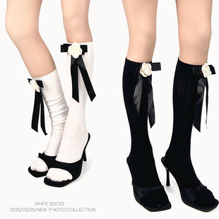 WHITE 丝带蝴蝶结小腿袜日系复古显瘦堆堆袜 SOCKS纯欲风白色薄款