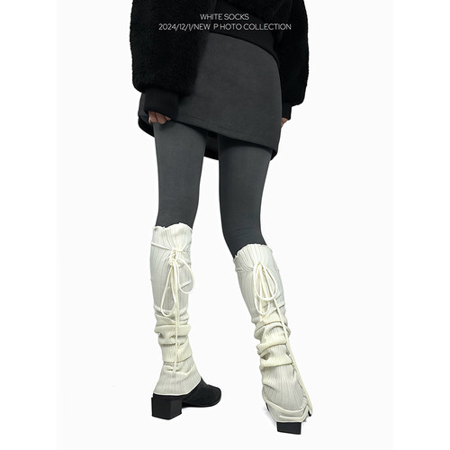 WHITE SOCKS 早春韩系米白花边堆堆袜针织绑带芭蕾风加长小腿袜套
