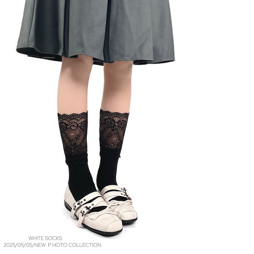 WHITE SOCKS黑色蕾丝拼接花边小腿袜春夏芭蕾风短袜lolita堆堆袜