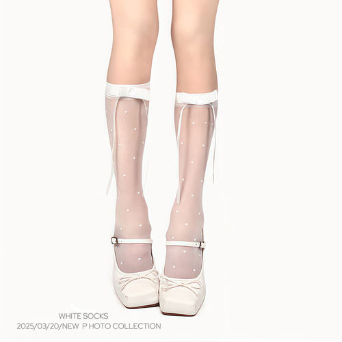 WHITE SOCKS纯欲风蝴蝶结波点长筒袜女春夏薄款透气显瘦小腿袜女