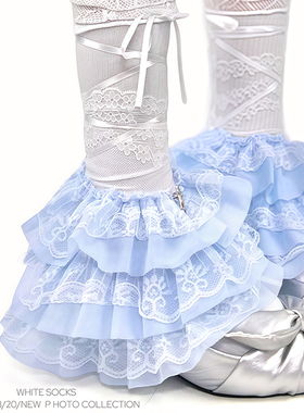 WHITE SOCKS 蓝色蕾丝下摆花边绑带腿套女芭蕾风春夏lolita堆堆袜
