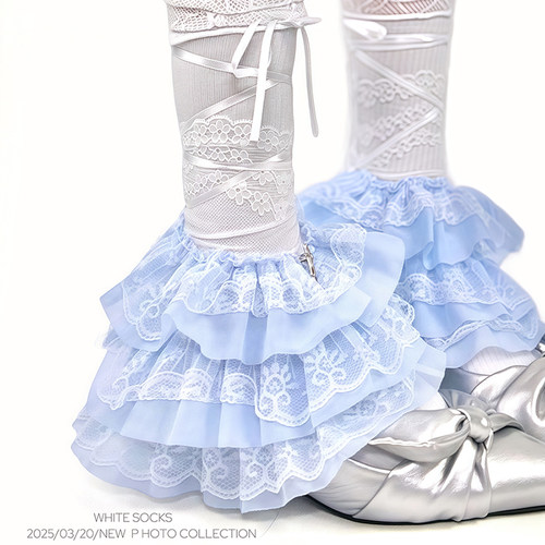 WHITE SOCKS 蓝色蕾丝下摆花边绑带腿套女芭蕾风春夏lolita堆堆袜