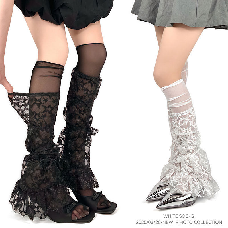 WHITE SOCKS春夏蕾丝花边小腿袜腿套喇叭型绑带蝴蝶结堆堆袜套女图片