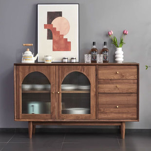 北欧黑胡桃纯实木餐边柜简约现代白橡木樱桃木餐厅收纳玻璃门碗柜