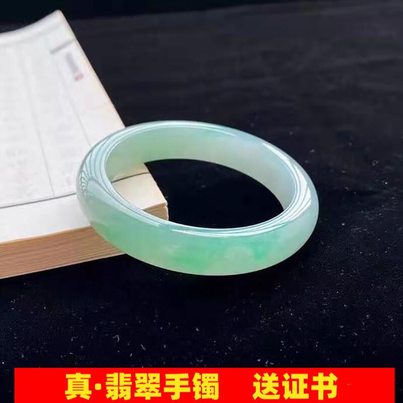 缅甸冰糯种翡翠手镯玉石圆条冰种淡飘绿白绿油青玉镯贵妃送礼处理