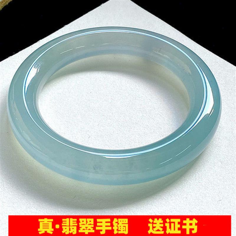 缅甸高冰蓝水圆条飘蓝花玉镯子老坑翡翠天空蓝冰晴玉手镯送礼处理