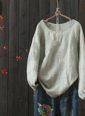 速发文艺复上重工刺古苎麻上衣士春季套头小衫麻料洋气T恤绣衣