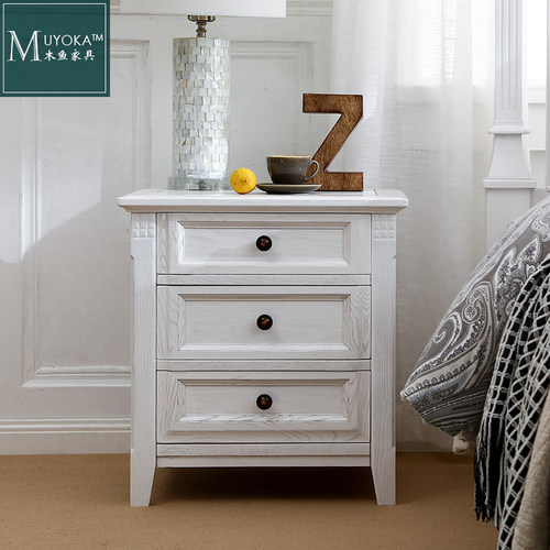 速发美式乡村白蜡木白色卧室床头柜三抽屉实木储物柜